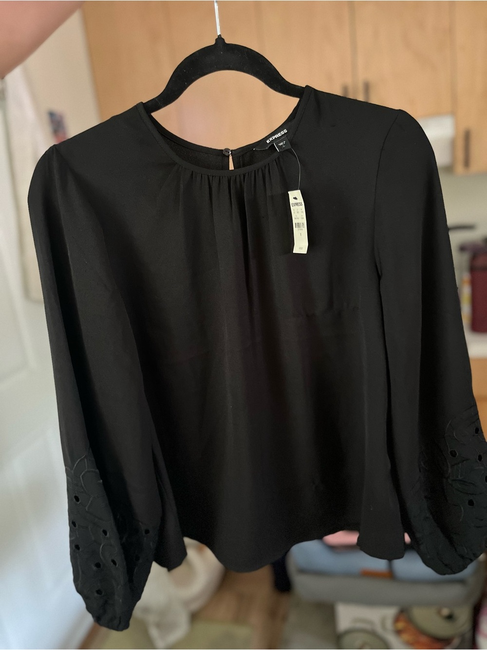 NWT! Express Black Long-Sleeve Blouse with Eyelet Cuff Detail